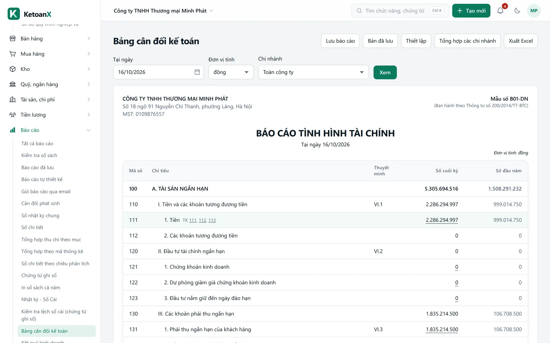 Bảng cân đối kế toán mẫu B01-DN trong KetoanX