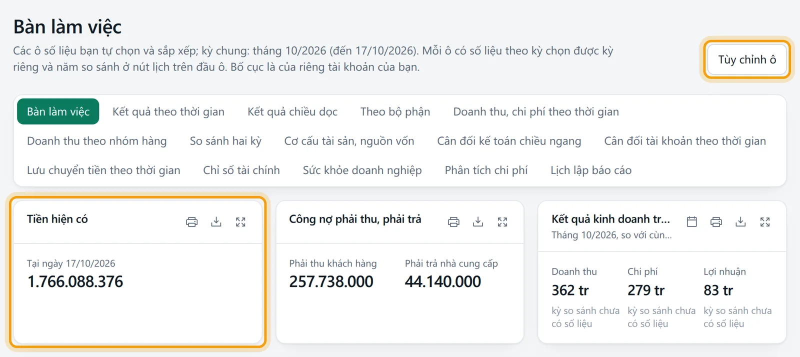 Màn Bàn làm việc: nút Tùy chỉnh ô và ô Tiền hiện có được viền vàng