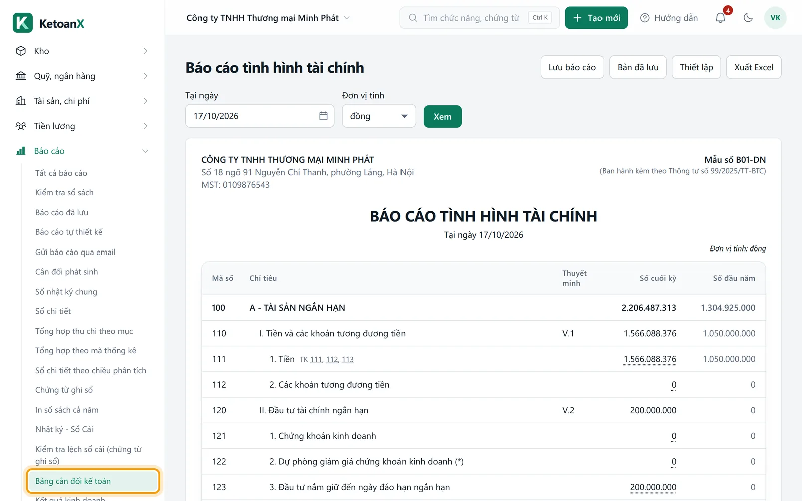 Menu bên trái mở nhóm Báo cáo, mục Bảng cân đối kế toán được viền vàng