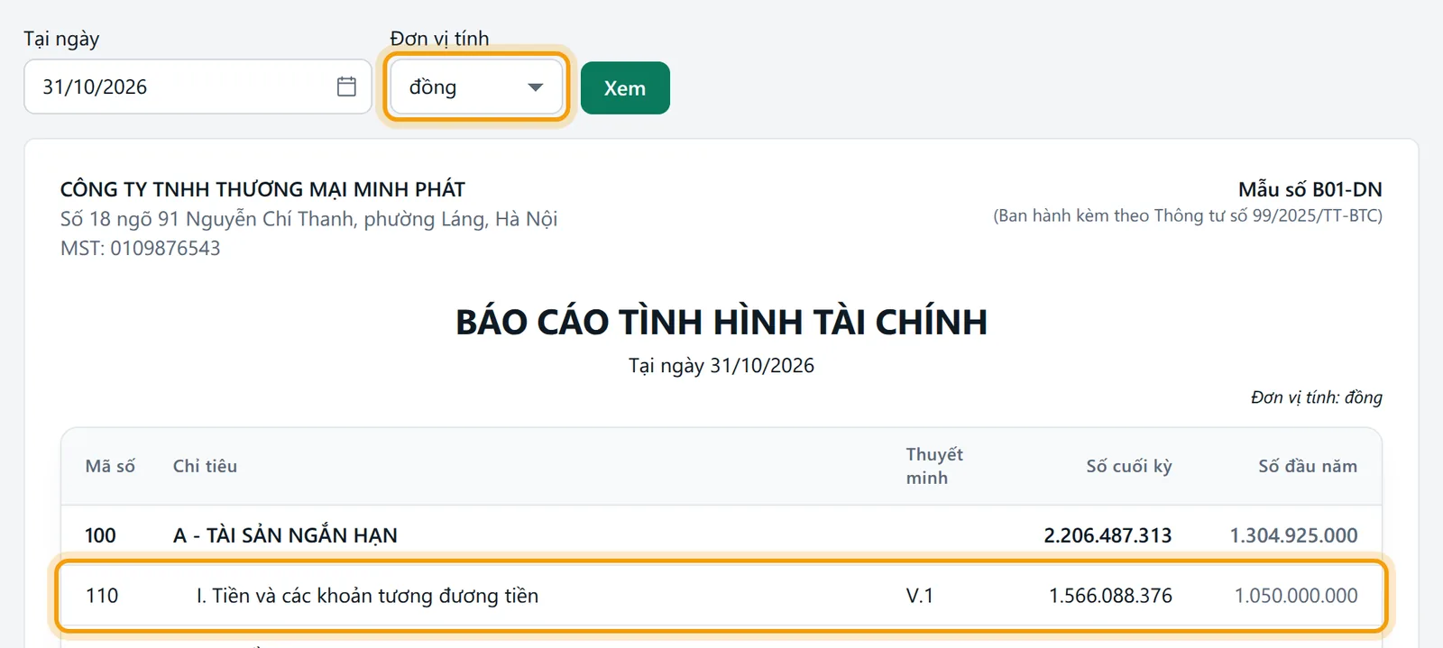 Ô Tại ngày 31/10/2026, ô Đơn vị tính và đầu bảng báo cáo