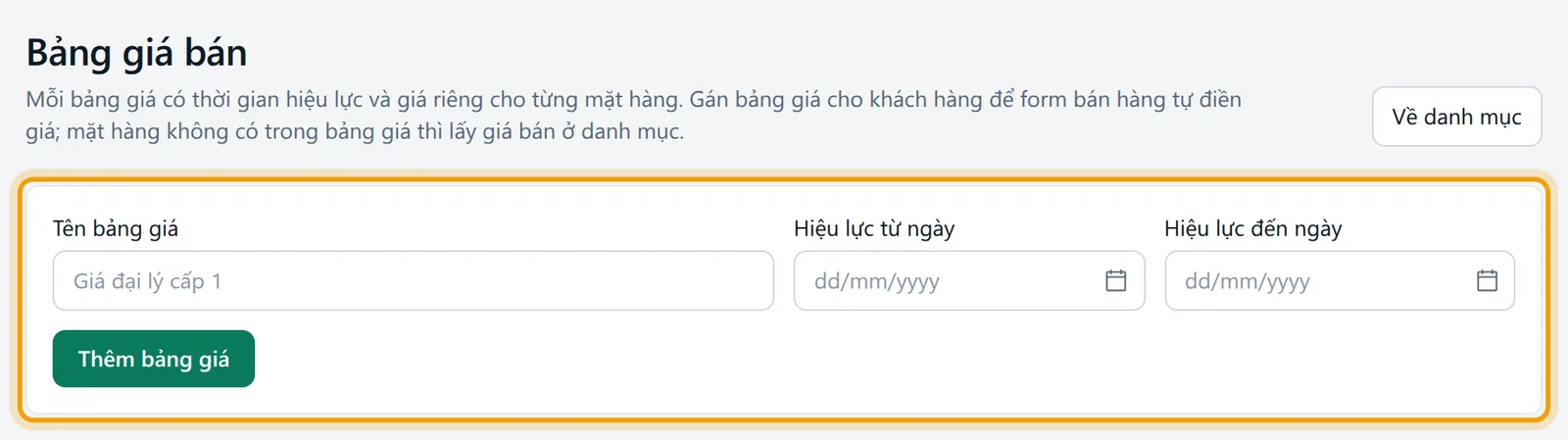 Màn Bảng giá bán với khung thêm bảng giá được viền vàng