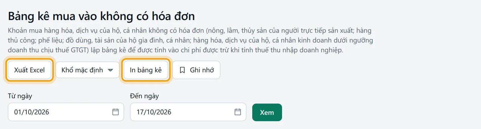 Màn Bảng kê mua vào không có hóa đơn, nút Xuất Excel, In bảng kê và thanh chọn kỳ