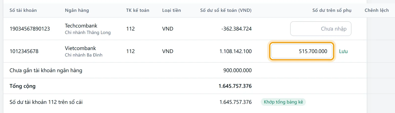 Ô Số dư trên sổ phụ của dòng Vietcombank sau khi nhập 515.700.000, chỉ để đối chiếu