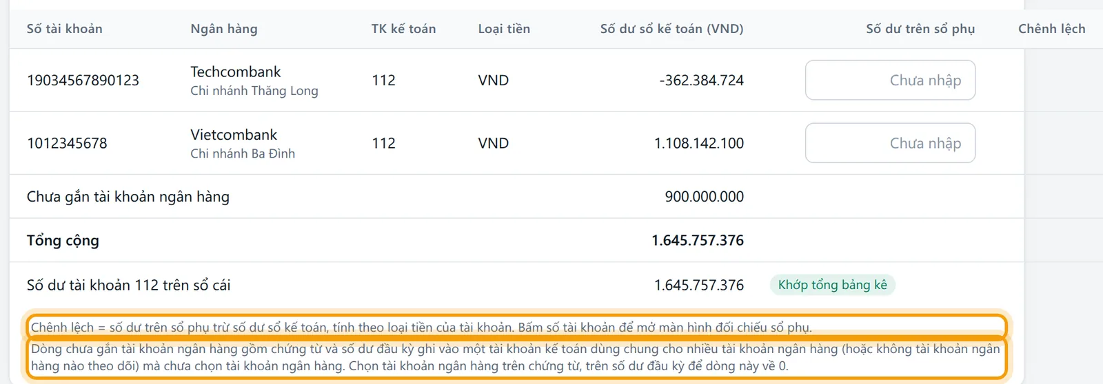Hai ghi chú dưới bảng kê về dòng chưa gắn tài khoản ngân hàng và tài khoản theo dõi ngoài nhóm 112