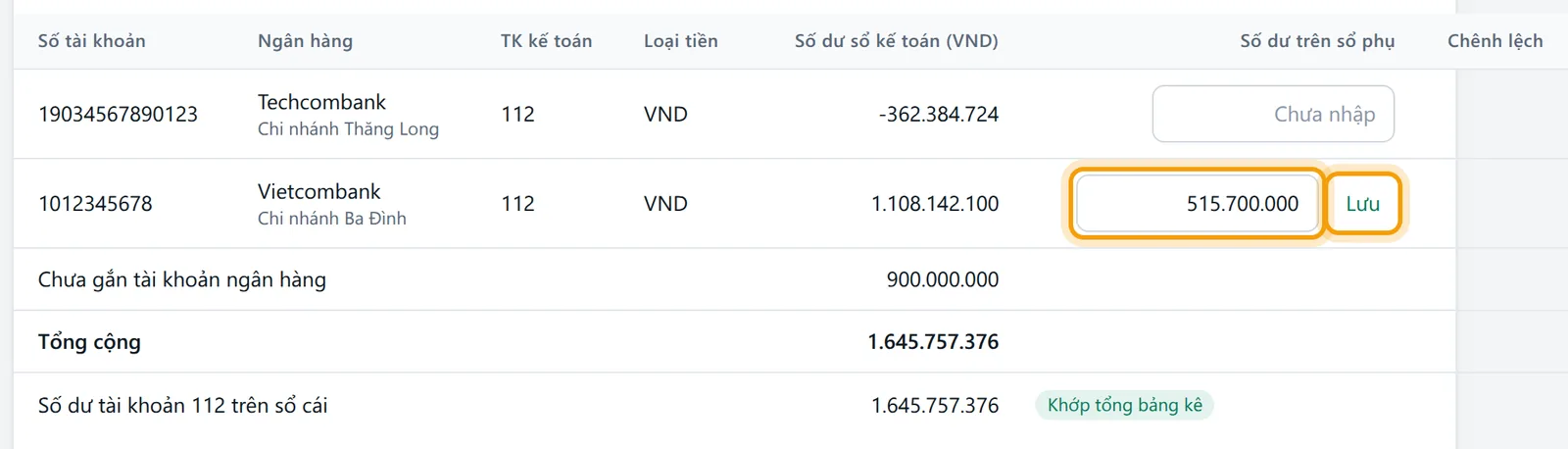 Bảng kê ngày 31/10/2026, ô Số dư trên sổ phụ của dòng Vietcombank nhập 515.700.000 và hiện nút Lưu