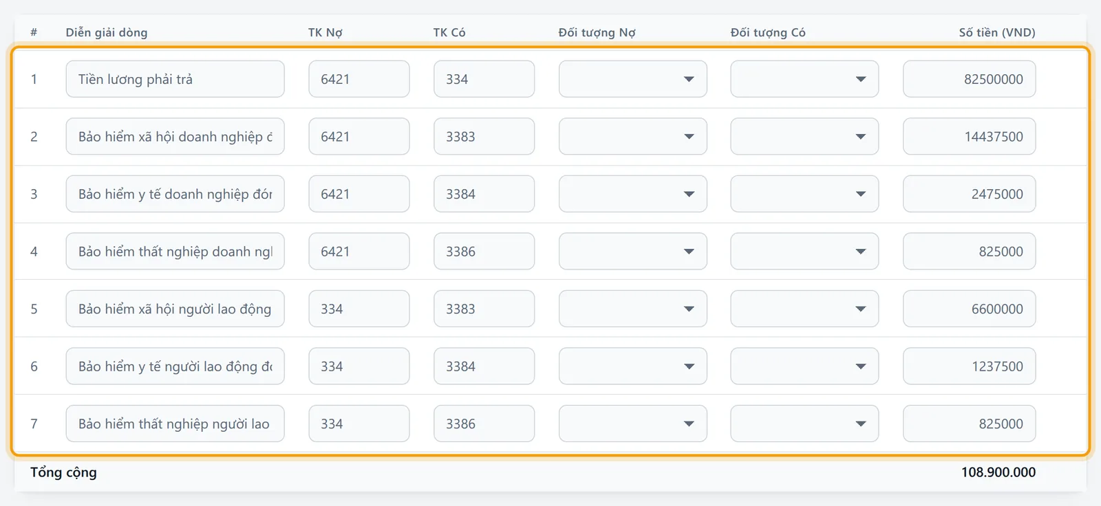 Chứng từ hạch toán lương với các dòng Nợ 642 Có 334, 3383, 3384, 3386, 3382