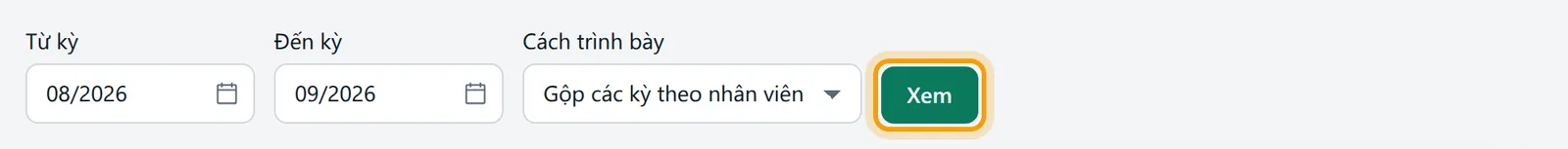 Từ kỳ 08/2026 đến kỳ 09/2026, Cách trình bày Gộp các kỳ theo nhân viên