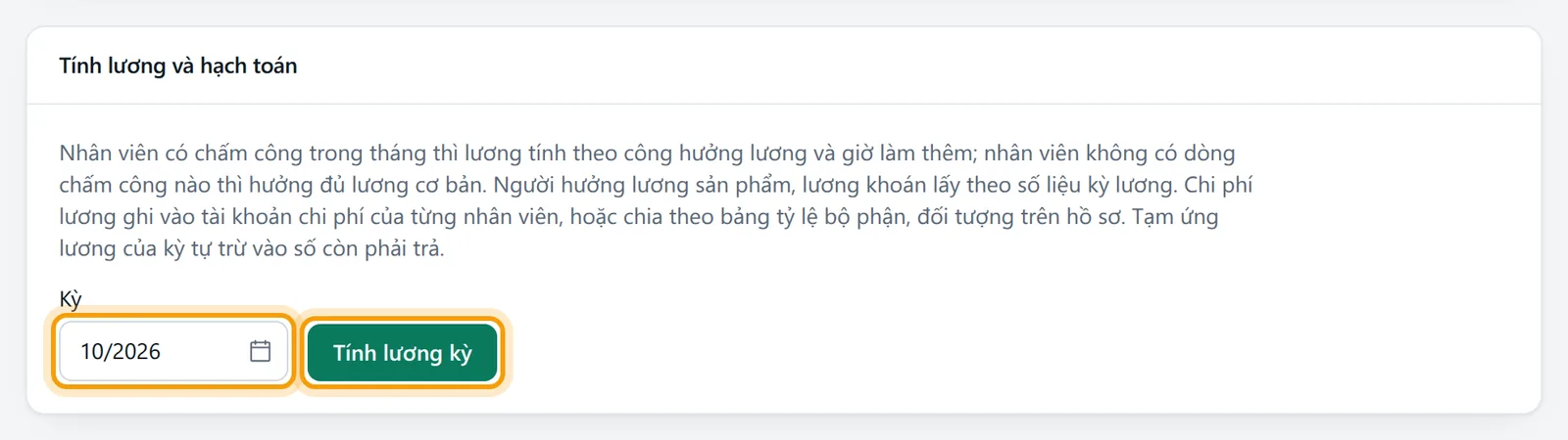 Khối Tính lương và hạch toán, ô Kỳ 10/2026 và nút Tính lương kỳ