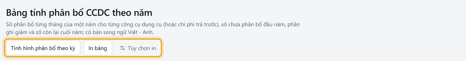 Màn Bảng phân bổ CCDC theo năm với bộ lọc và bảng số phân bổ từng tháng