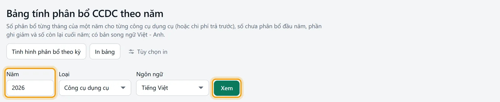 Ô Năm 2026, Loại Công cụ dụng cụ, Ngôn ngữ Tiếng Việt và nút Xem được viền vàng