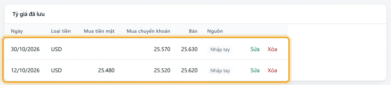 Bảng Tỷ giá đã lưu có hai dòng USD ngày 30/10/2026 và 12/10/2026 với nhãn Nhập tay