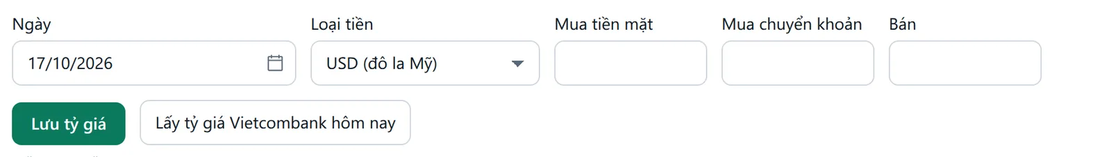 Khung Nhập hoặc sửa tỷ giá của một ngày với Ngày, Loại tiền, Mua tiền mặt, Mua chuyển khoản, Bán