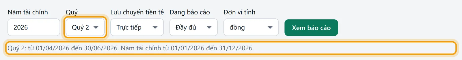 Chọn Quý 2 cho báo cáo bán niên, dòng chú thích kỳ được viền vàng