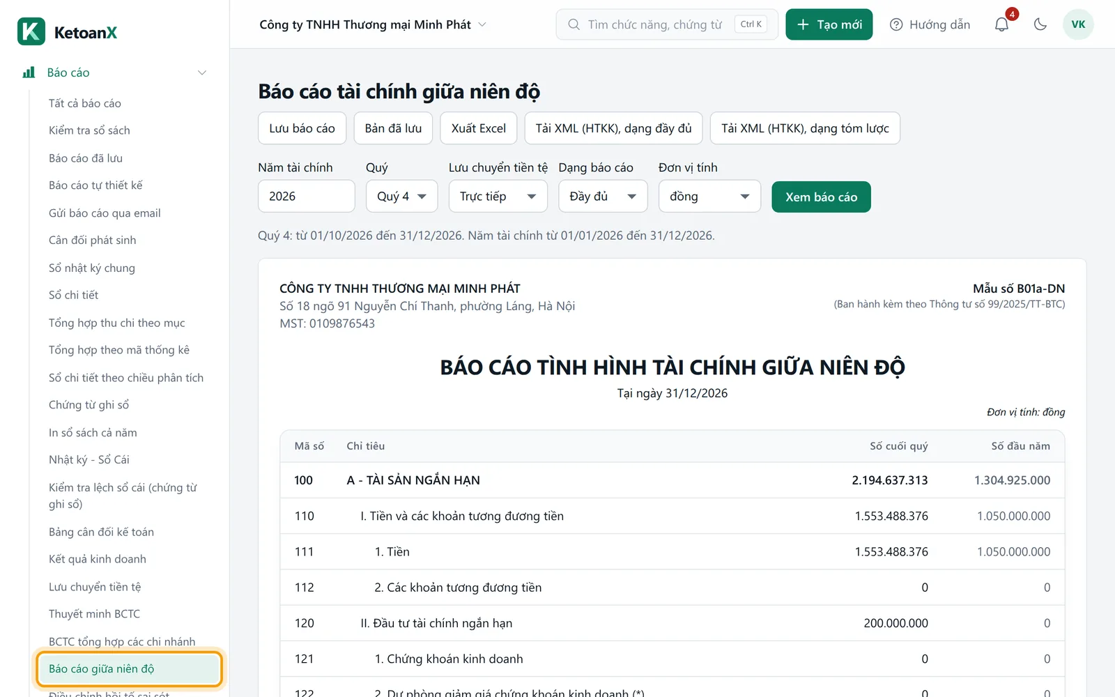 Menu bên trái mở nhóm Báo cáo, mục Báo cáo giữa niên độ được viền vàng