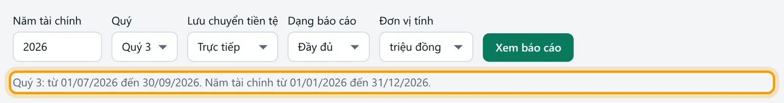 Năm tài chính 2026, Quý 3, lưu chuyển tiền tệ Trực tiếp, dạng Đầy đủ, đơn vị triệu đồng và dòng chú thích kỳ