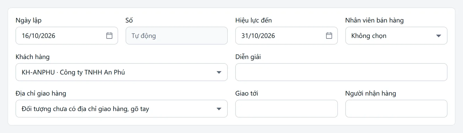 Phần đầu biểu mẫu báo giá đã nhập ngày lập 16/10/2026, hiệu lực đến 31/10/2026, khách Công ty TNHH An Phú