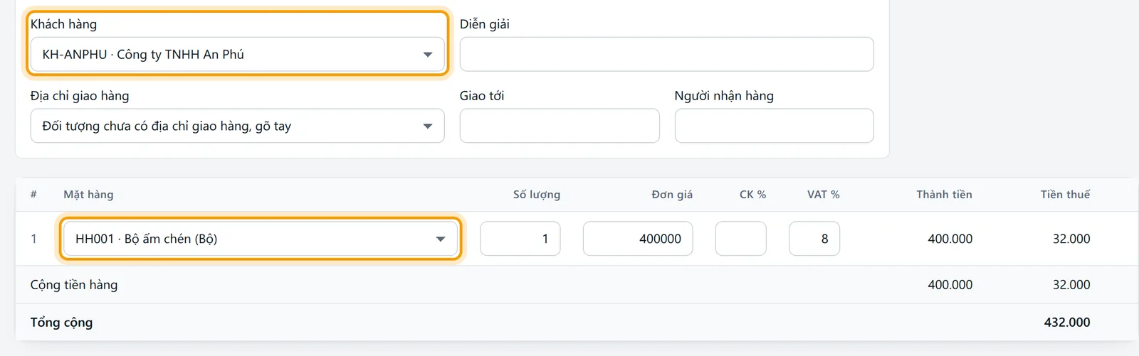 Ô Khách hàng và ô Mặt hàng đã chọn từ danh mục, được viền vàng