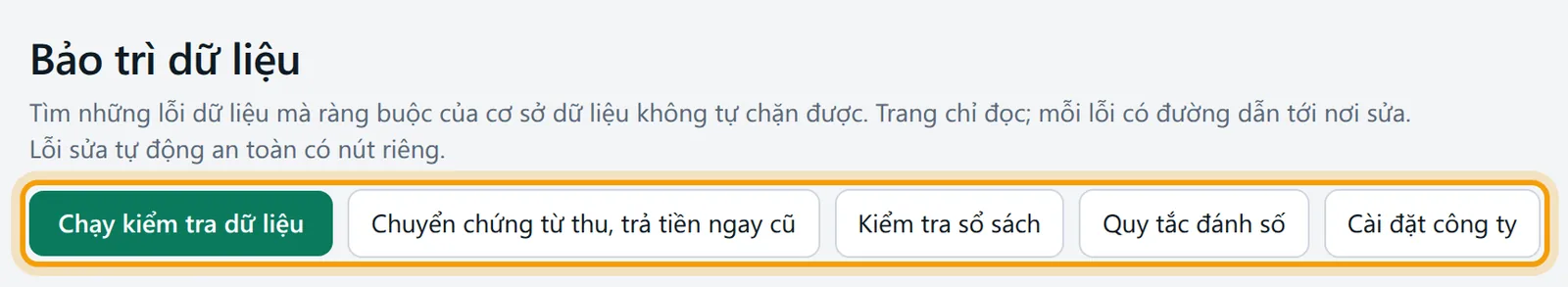 Màn Bảo trì dữ liệu: hàng nút ở đầu trang được viền vàng