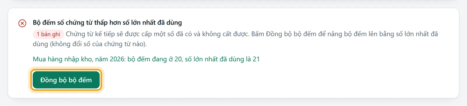 Khung Bộ đếm số chứng từ thấp hơn số lớn nhất đã dùng với nút Đồng bộ bộ đếm được viền vàng