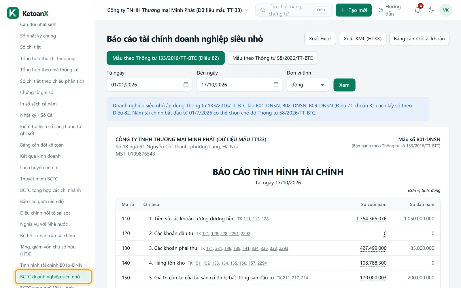 Menu bên trái mở nhóm Báo cáo, mục BCTC doanh nghiệp siêu nhỏ được viền vàng