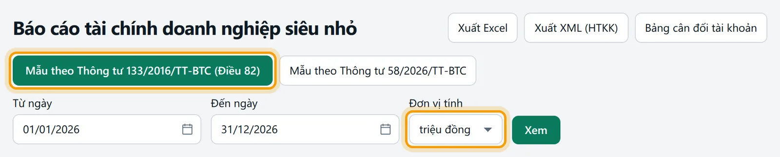 Thẻ Thông tư 133, kỳ 01/01/2026 đến 31/12/2026 và đơn vị triệu đồng được viền vàng