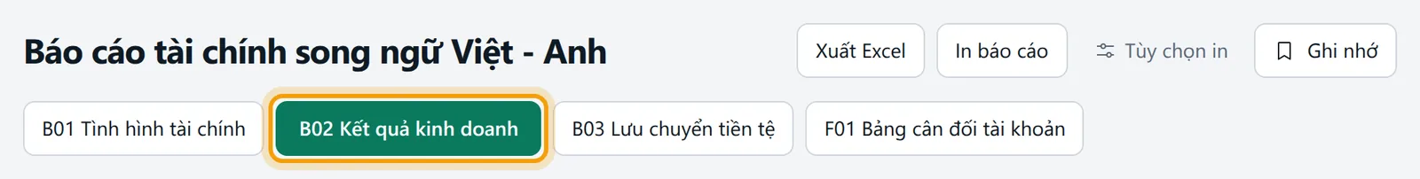 Nút B02 Kết quả kinh doanh được chọn, ô Từ ngày và Đến ngày