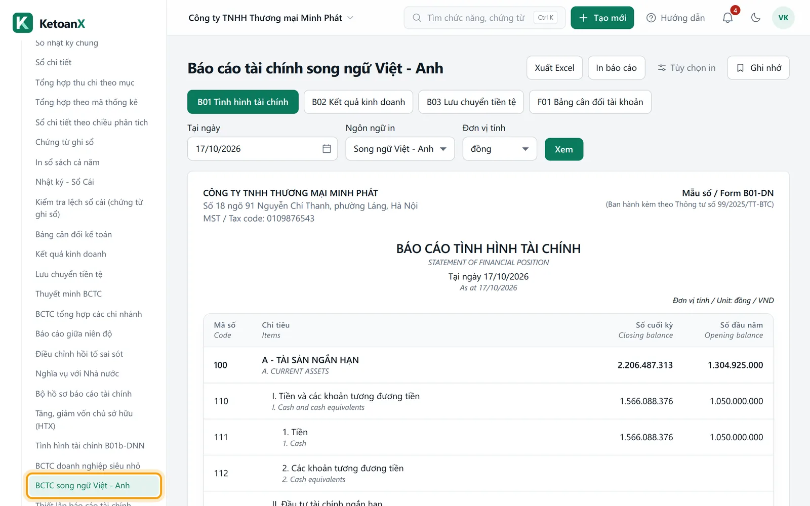 Menu bên trái mở nhóm Báo cáo, mục BCTC song ngữ Việt - Anh được viền vàng