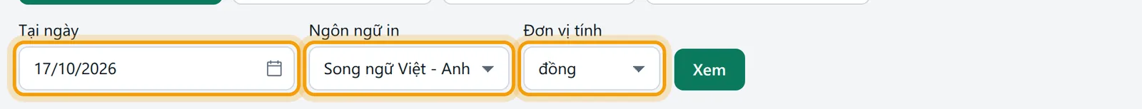 Các ô Tại ngày, Ngôn ngữ in và Đơn vị tính được viền vàng