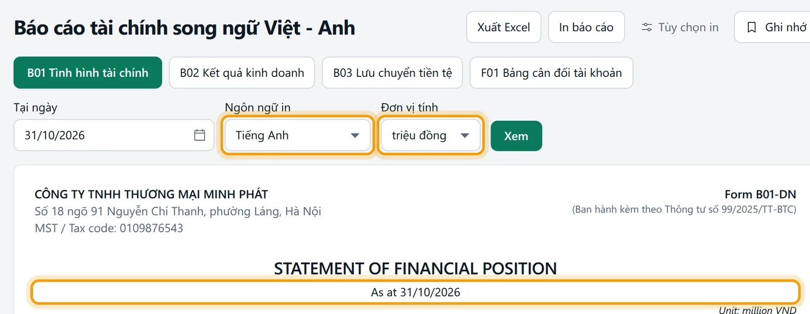 Tại ngày 31/10/2026, Ngôn ngữ in Tiếng Anh, đơn vị triệu đồng và dòng As at được viền vàng