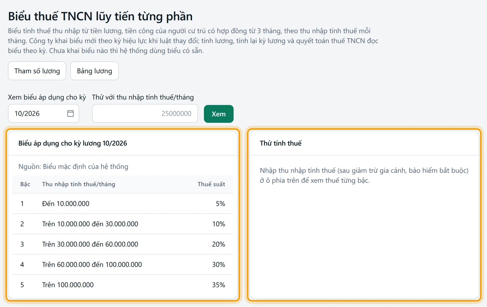 Trang Biểu thuế TNCN lũy tiến từng phần với biểu áp dụng cho kỳ 10/2026 và khối Thử tính thuế