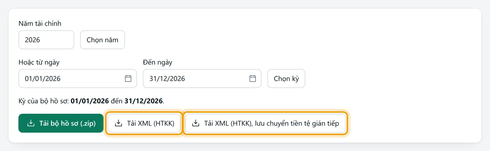 Hai nút Tải XML (HTKK) được viền vàng