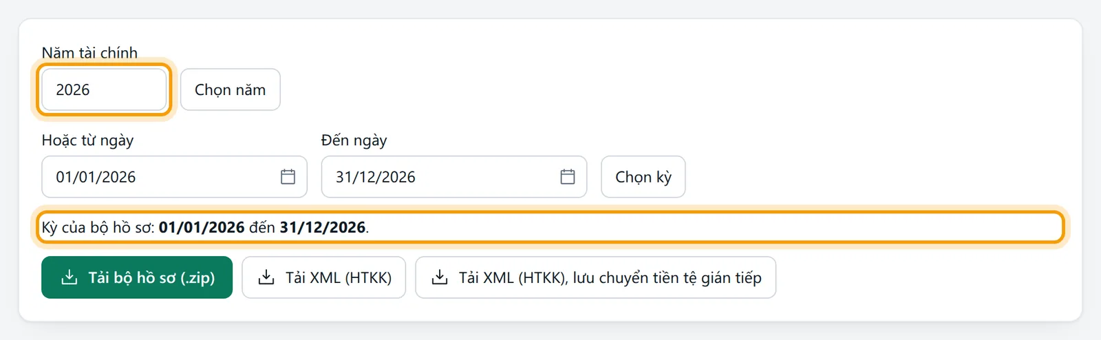 Ô Năm tài chính, hai ô Hoặc từ ngày, Đến ngày và dòng Kỳ của bộ hồ sơ được viền vàng