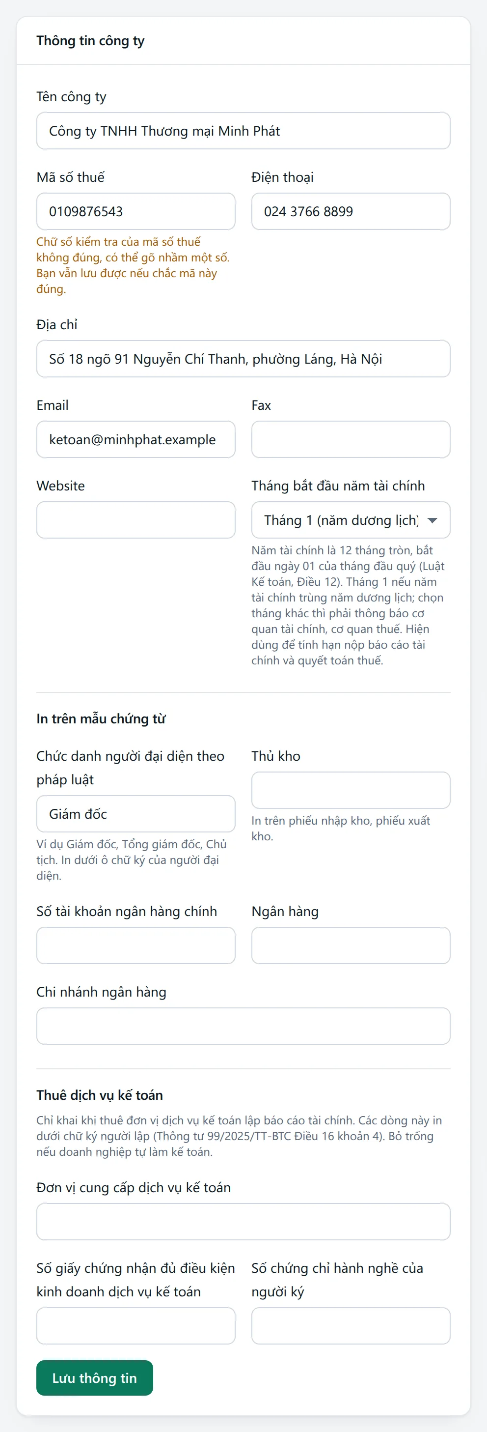 Khung Thông tin công ty với các ô Tên công ty, Mã số thuế, Điện thoại, Địa chỉ, Email, Tháng bắt đầu năm tài chính và các dòng in trên mẫu chứng từ