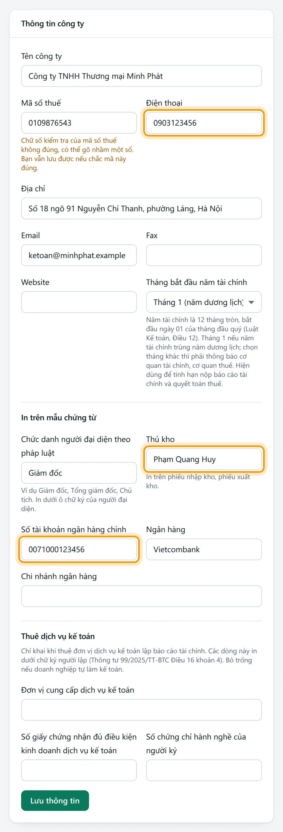 Điện thoại 0903123456, Thủ kho Phạm Quang Huy và số tài khoản ngân hàng chính 0071000123456 đã nhập
