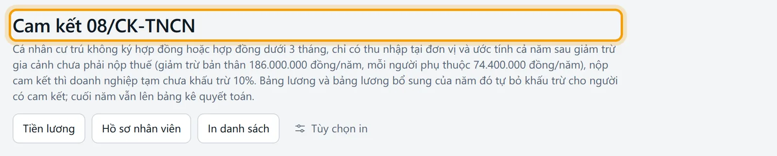 Trang Cam kết 08/CK-TNCN với mô tả giảm trừ bản thân và người phụ thuộc theo năm