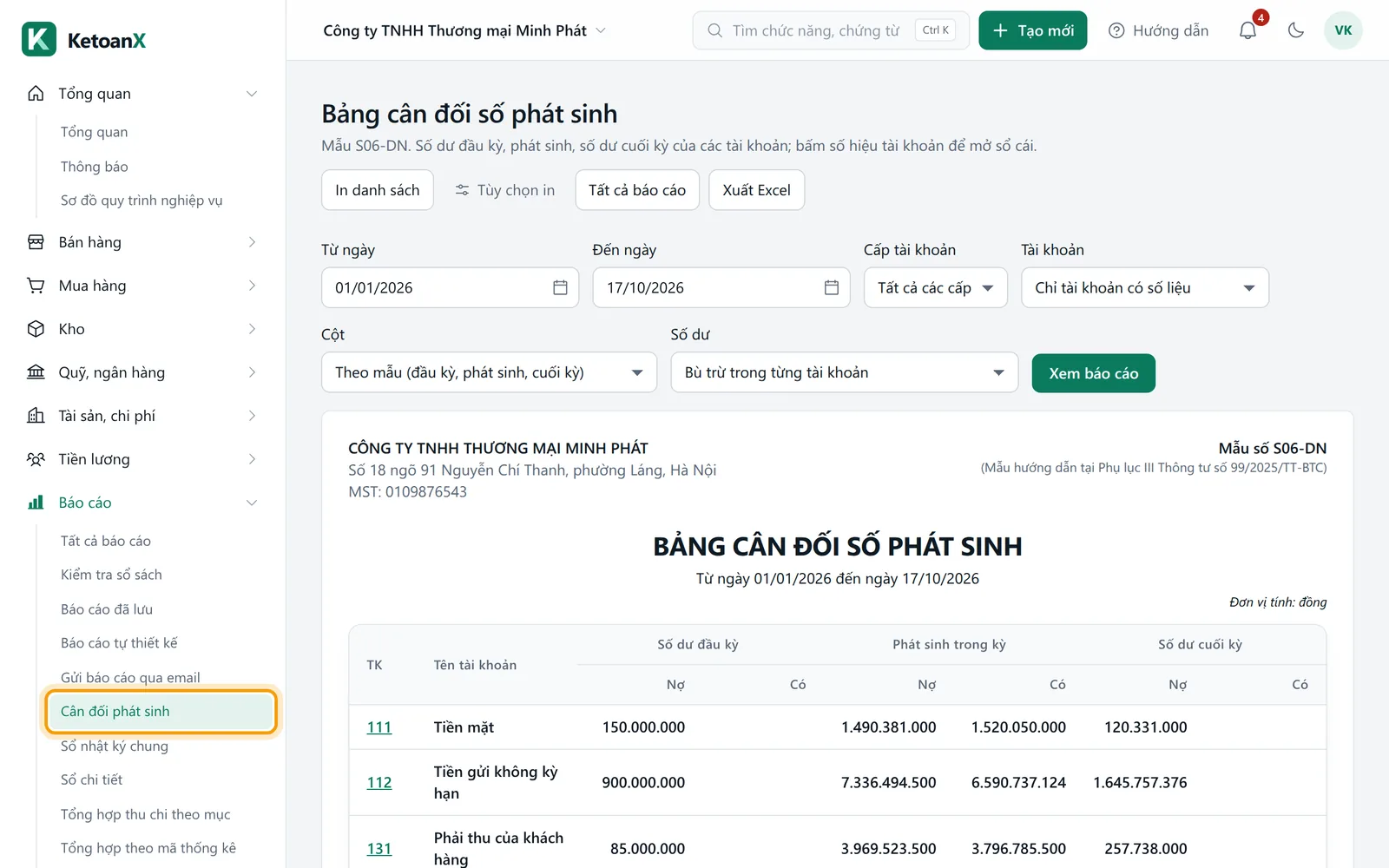 Menu bên trái mở nhóm Báo cáo, mục Cân đối phát sinh được viền vàng