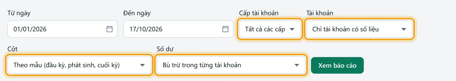 Các ô lọc Từ ngày, Đến ngày, Cấp tài khoản, Tài khoản, Cột, Số dư của bảng