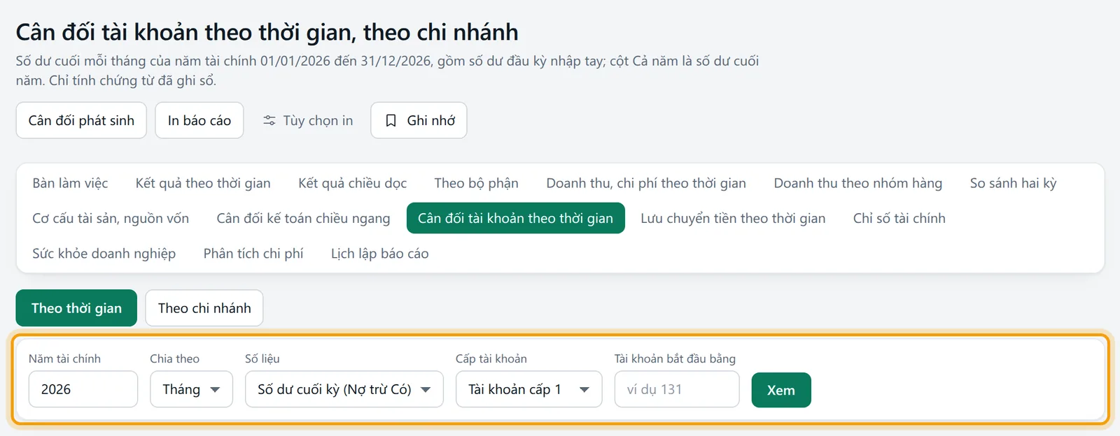 Màn Cân đối tài khoản theo thời gian, theo chi nhánh: tiêu đề và khối kết quả chính được viền vàng