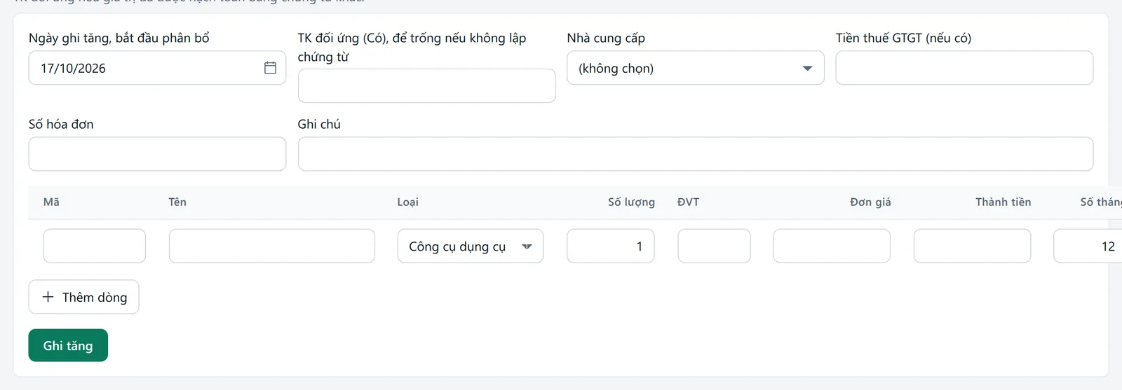 Form ghi tăng nhiều dòng với ngày, tài khoản đối ứng, nhà cung cấp, thuế và lưới các khoản