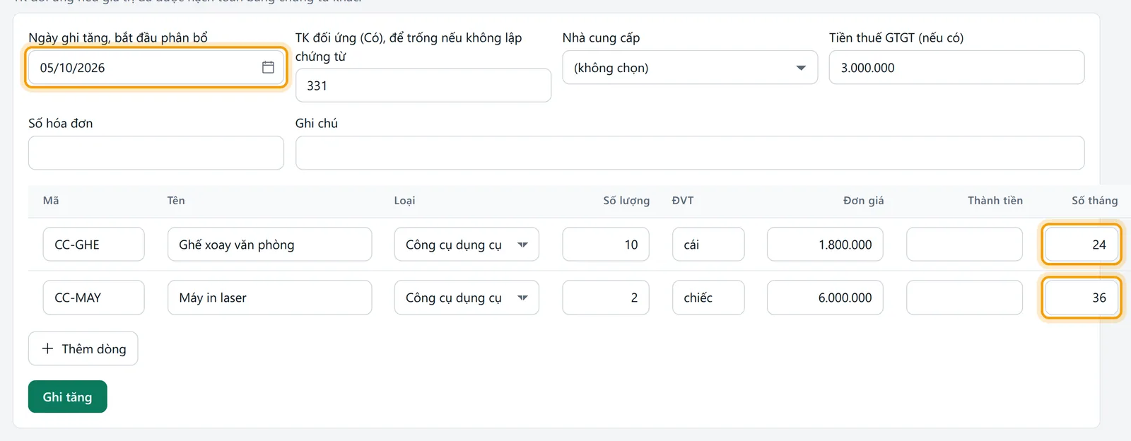 Form ghi tăng đã điền ghế xoay và máy in laser, số lượng, đơn giá và số tháng được viền vàng