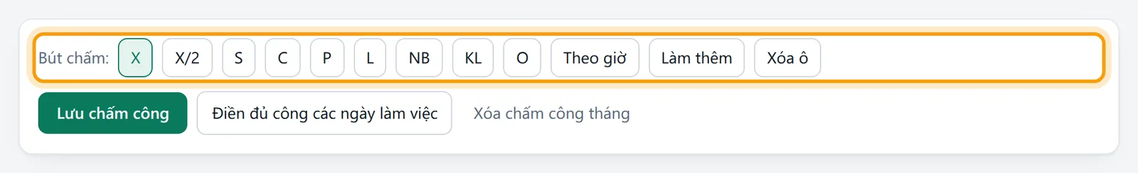 Hàng Bút chấm với các ký hiệu X, X/2, S, C, P, L, NB, KL, O, Theo giờ, Làm thêm và các nút Lưu chấm công