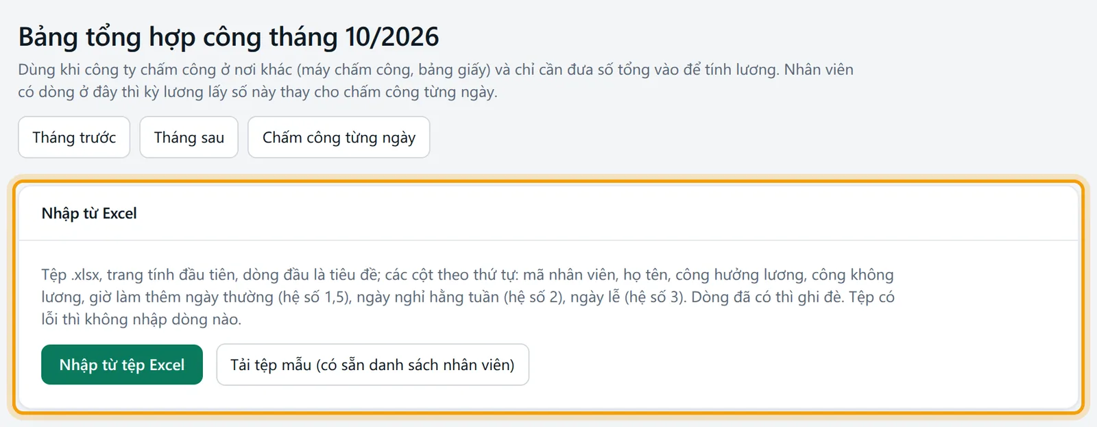 Trang Bảng tổng hợp công, nhập từ tệp Excel