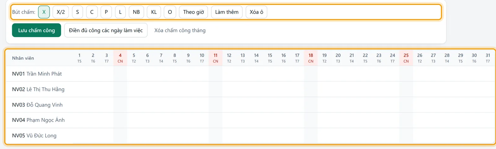Màn Chấm công tháng 10/2026 với bút chấm, lưới nhân viên theo ngày và bảng tổng hợp công