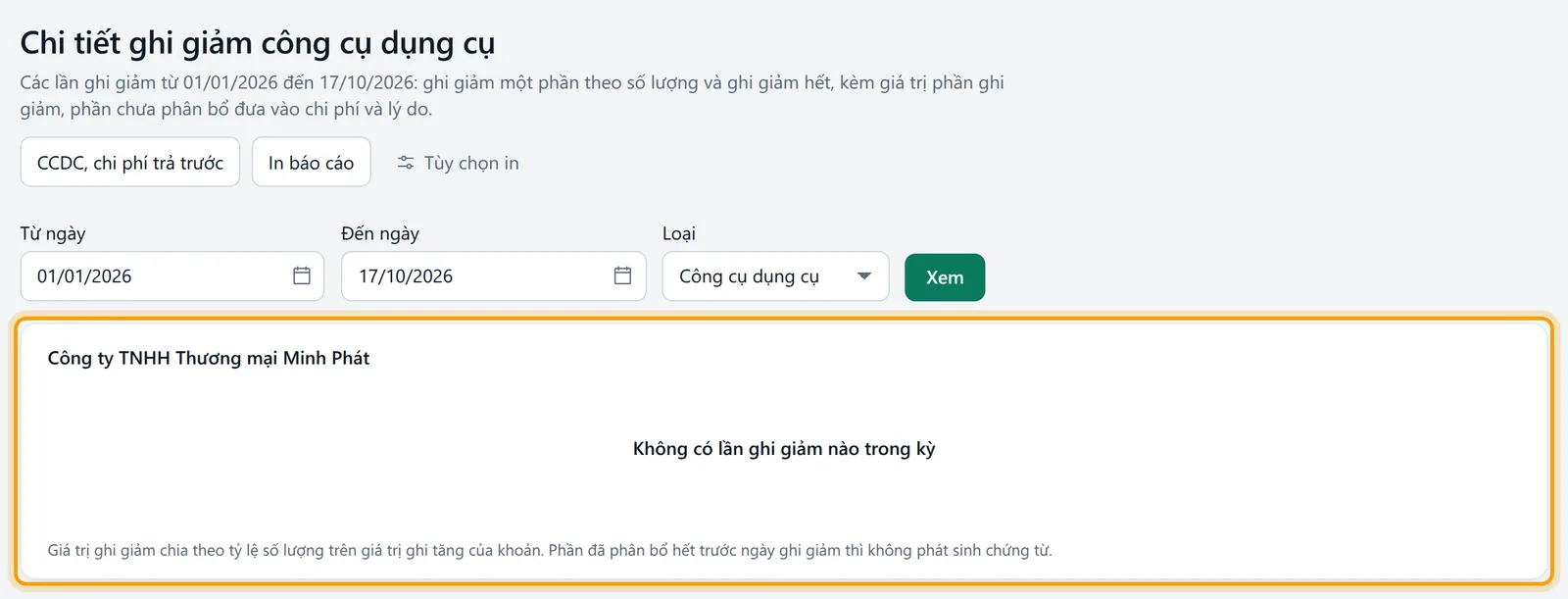 Màn Chi tiết ghi giảm công cụ dụng cụ với bộ lọc từ ngày, đến ngày, loại
