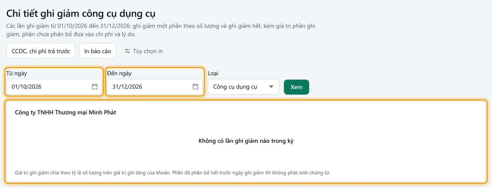 Bộ lọc từ 01/10/2026 đến 31/12/2026, loại Công cụ dụng cụ, kết quả không có lần ghi giảm