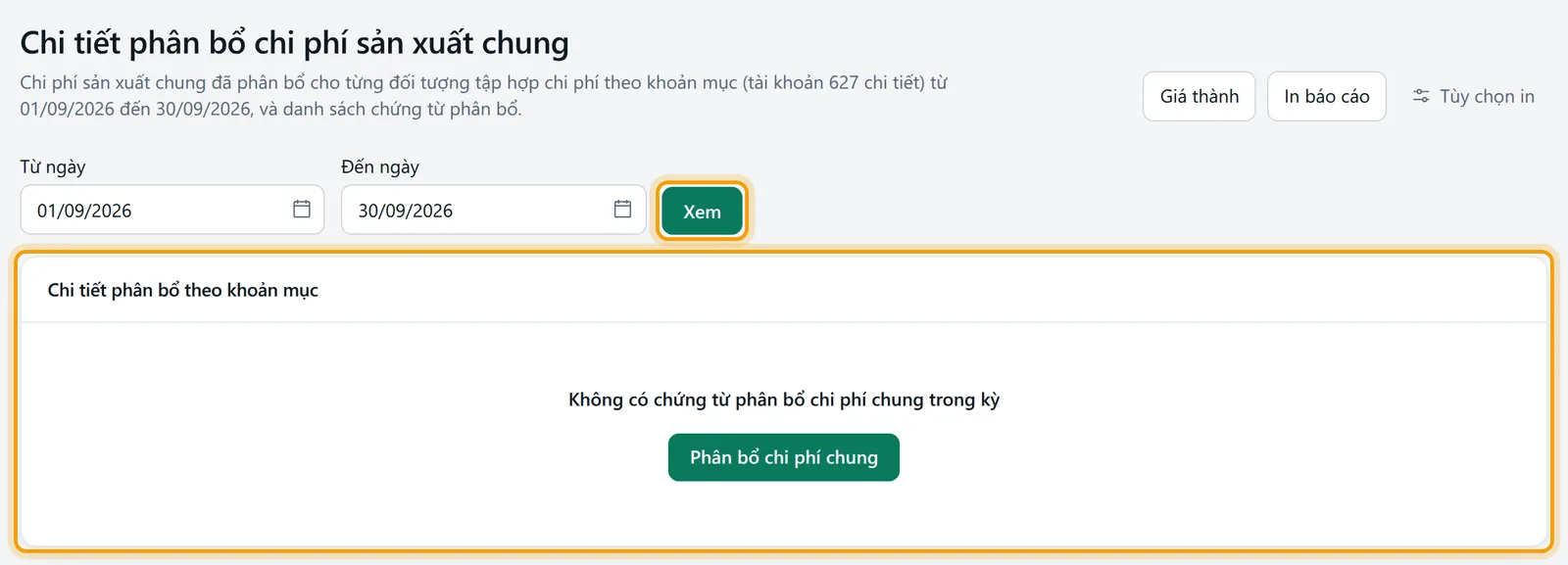 Bộ lọc đã đặt ngày, nút xem được viền vàng