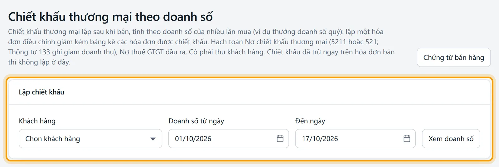 Màn Chiết khấu thương mại theo doanh số với khung Lập chiết khấu được viền vàng