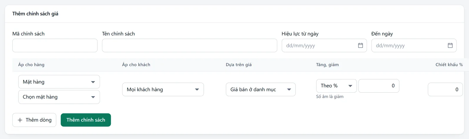 Khung Thêm chính sách giá gồm mã, tên, hiệu lực và bảng dòng quy tắc