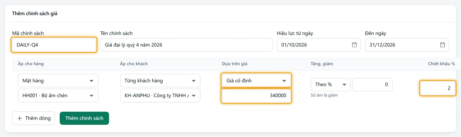 Chính sách DAILY-Q4 từ 01/10/2026 đến 31/12/2026, Bộ ấm chén cho An Phú giá cố định 340.000, chiết khấu 2%