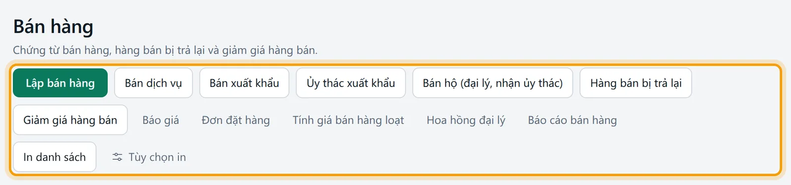 Màn Chứng từ bán hàng, hàng nút lập mới được viền vàng